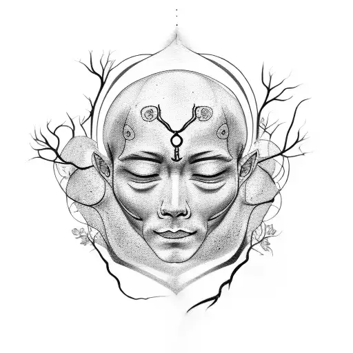 tattoo on my left triceps having an outline of a person meditating and his head is inside the tree of life  tattoo design idea