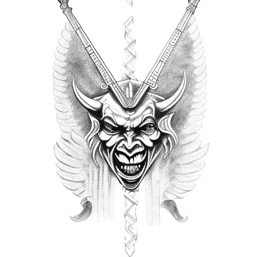 A devil playing a harp surrounded by angels tattoo design idea