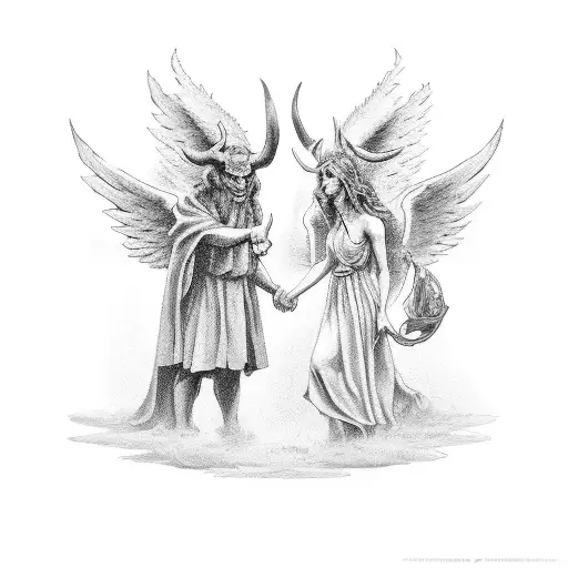 A devil and an angel shaking hands in a black-grey style tattoo design idea