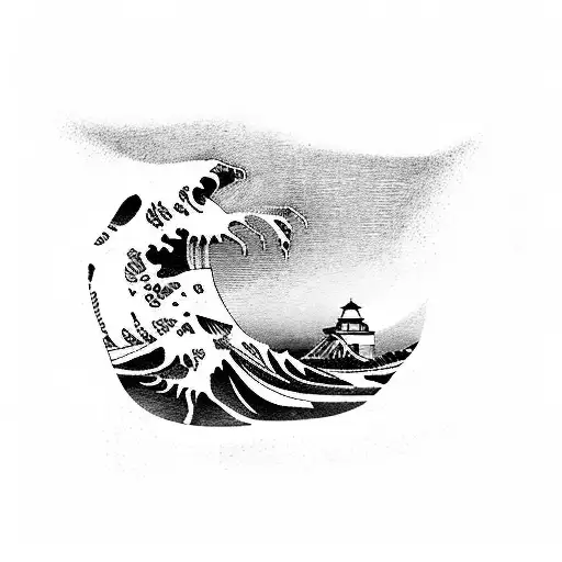 lighthouse with great wave off kanagawa with the words que sera sera tattoo design idea