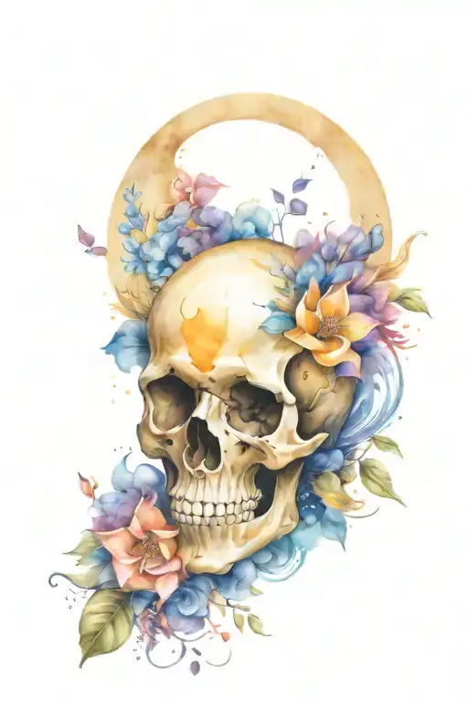 skull and flowers with moon tattoo design idea