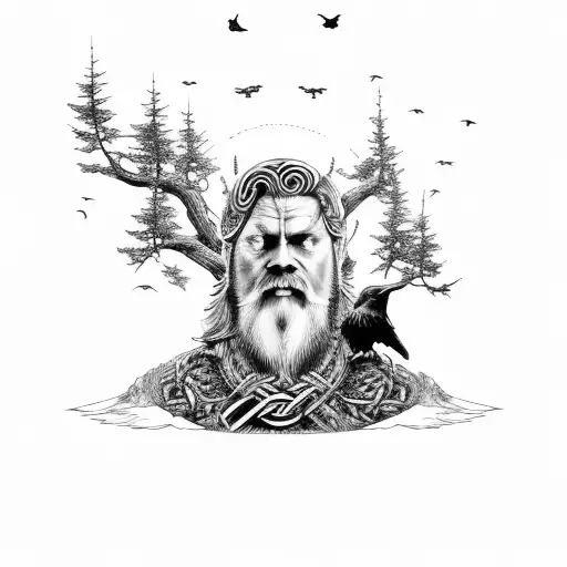 Odin in front of Yggdrasil with trees and ravens tattoo design idea