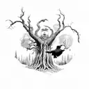 Odin in front of Yggdrasil with trees and ravens tattoo design idea
