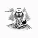 Odin in front of Yggdrasil with trees and ravens tattoo design idea