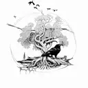 Odin in front of Yggdrasil with trees and ravens tattoo design idea