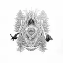 Odin in front of Yggdrasil with trees and ravens tattoo design idea