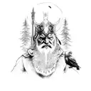 Odin in front of Yggdrasil with trees and ravens tattoo design idea