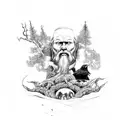 Odin in front of Yggdrasil with trees and ravens tattoo design idea