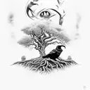 Odin in front of Yggdrasil with trees and ravens tattoo design idea