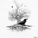 Odin in front of Yggdrasil with trees and ravens tattoo design idea