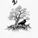 Odin in front of Yggdrasil with trees and ravens tattoo design idea