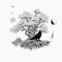 Odin in front of Yggdrasil with trees and ravens tattoo design idea