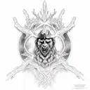 Odin in front of Yggdrasil with dead trees and ravens tattoo design idea