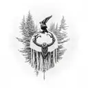 Odin in front of Yggdrasil with dead trees and ravens tattoo design idea