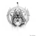 Odin in front of Yggdrasil with dead trees and ravens tattoo design idea