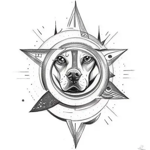 A sketch-style tattoo showcasing a playful interaction between the sun, moon, and stars, with your dog Bailey looking up at them tattoo design idea