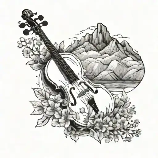 A cello with wildflowers growing out of it, surrounded by a mountain landscape tattoo design idea