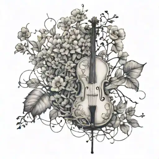 A cello made of tree branches, with wildflowers growing along the strings tattoo design idea