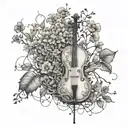 A cello made of tree branches, with wildflowers growing along the strings tattoo design idea