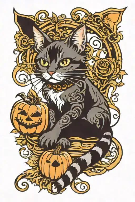 halloween cat lounging tattoo design idea