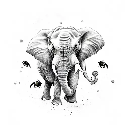 AN ELEPHANT, WHALE AND BUMBLE BEE WALKING TOWARDS YOU tattoo design idea