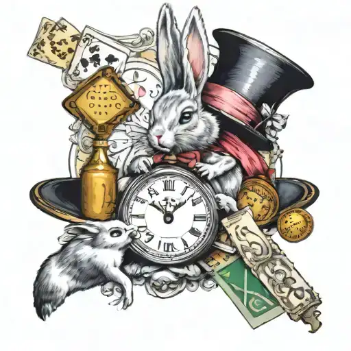 Alice in Wonderland: Rabbit's pocket watch, rabbit, hatter's hat, playing cards, bottle: drink me; biscuits: eatme, saying tattoo design idea