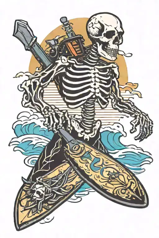 mini skeletons, surf boards, night vision, guns, alcohol, waves  tattoo design idea