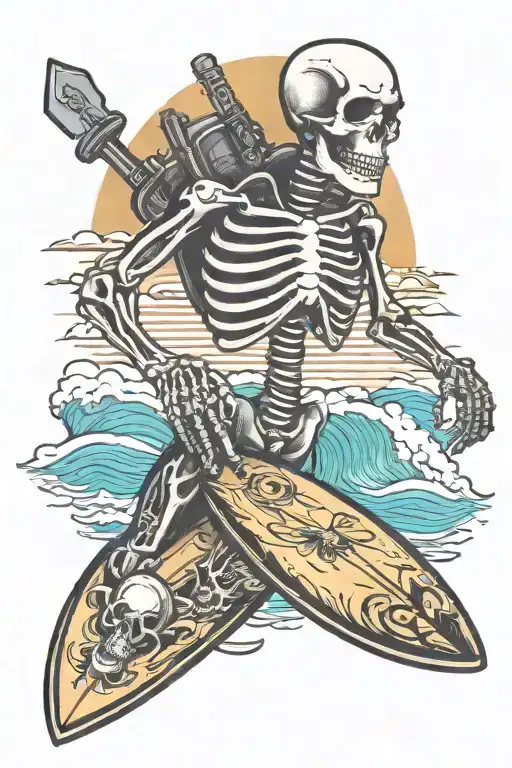 mini skeletons, surf boards, night vision, guns, alcohol, waves  tattoo design idea