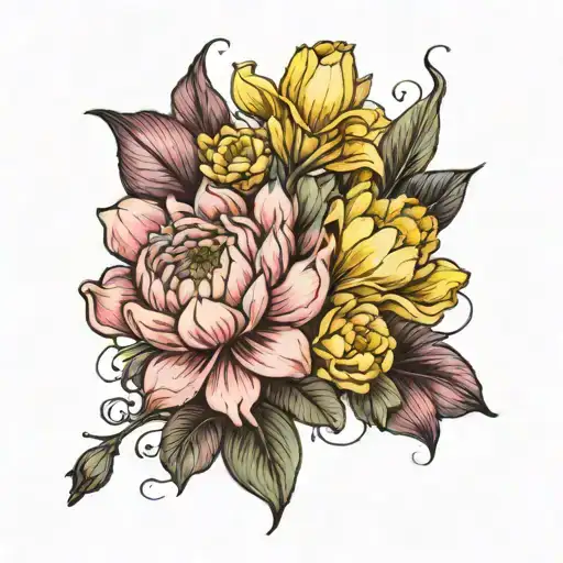 boque with poeny, rose, water lily and daffodil flowers tattoo design idea