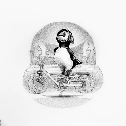 puffin on bike with a tent tattoo design idea