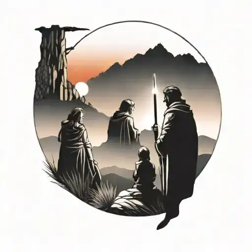 a sunset in the mountains. There is a family of Jedi looking at the horizon. The family is composed of a mother, tattoo design idea