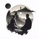 a sunset in the mountains. There is a family of Jedi looking at the horizon. The family is composed of a mother, tattoo design idea