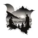 a sunset in the mountains. There is a family of Jedi looking at the horizon. The family is composed of a mother, tattoo design idea