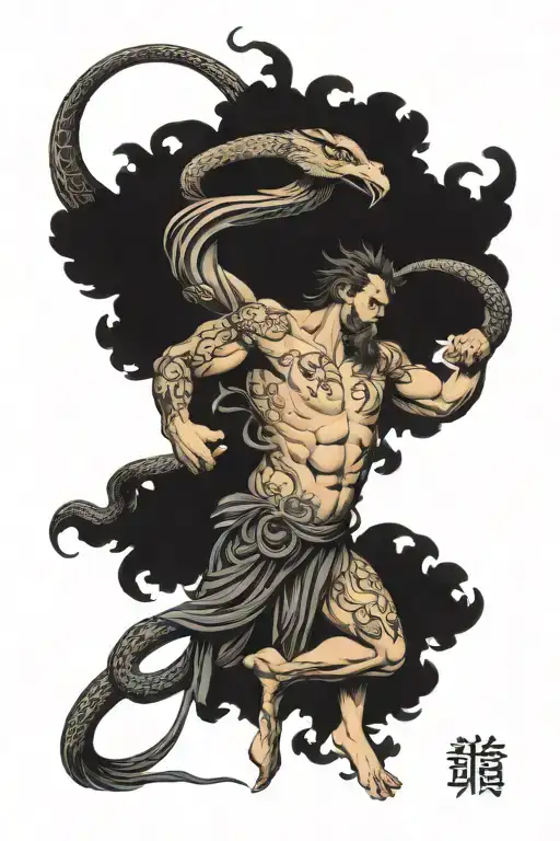 The Greek God Ganymede using Medusa's snakes to kill zeus tattoo design idea