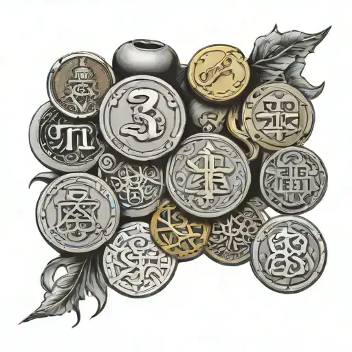 A tattoo design featuring a collection of antique coins and brass items intertwined with intricate blackwork designs tattoo design idea