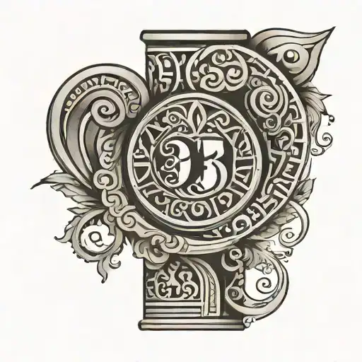 Black and grey Greek style full arm tattoo including the number 3 in 3 sectors of the tattoo tattoo design idea