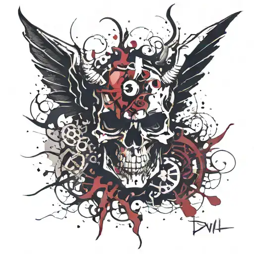 "speech create devil", black and red color, wing, half god/ demon, bones,coccyx , spine  tattoo design idea