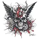 "speech create devil", black and red color, wing, half god/ demon, bones,coccyx , spine  tattoo design idea