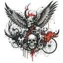 "speech create devil", black and red color, wing, half god/ demon, bones,coccyx , spine  tattoo design idea