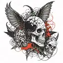 "speech create devil", black and red color, wing, half god/ demon, bones,coccyx , spine  tattoo design idea