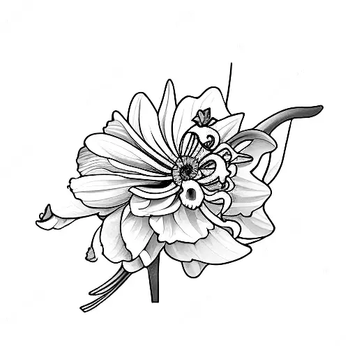 two daffodil, a lily of the valley, two poppies, two cosmos, a chrysanthemum arm wrap tattoo design idea