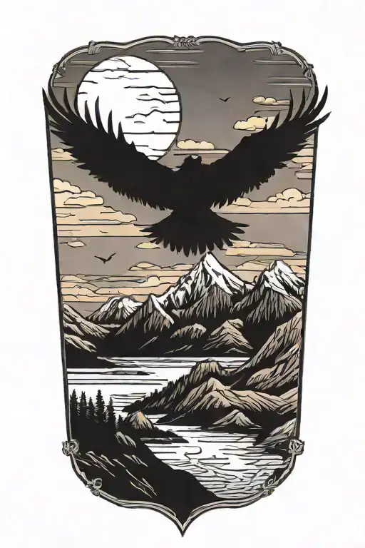 A silhouette of a raven soaring over a mountain range with a sunset in the background tattoo design idea