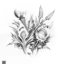 thistle, ivy, foxglove, hollyhock and butterfly bush tattoo design idea