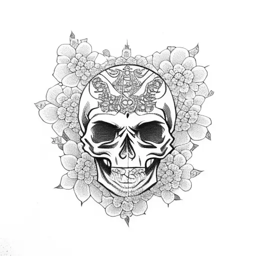 Skull with sakura flowers and swords tattoo design idea