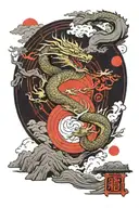 Oriental frame with dragon emerging. samurai at bottom. dark background. red moon. pagoda and hills in back.  tattoo design idea