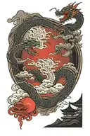 Oriental frame with dragon emerging. samurai at bottom. dark background. red moon. pagoda and hills in back.  tattoo design idea