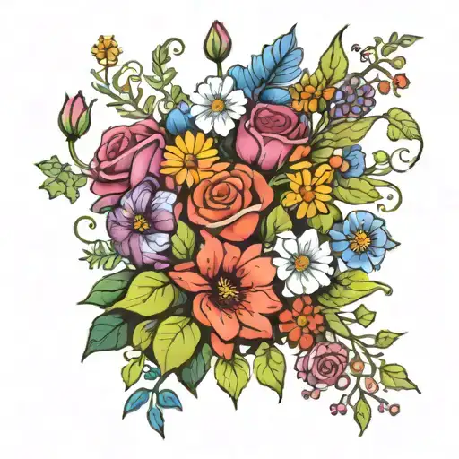 flower bouquet tied at bottom with daisy, morning glory, cosmos, waterlilly, holly, poppy, and rose tattoo design idea