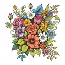 flower bouquet tied at bottom with daisy, morning glory, cosmos, waterlilly, holly, poppy, and rose tattoo design idea