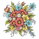 flower bouquet tied at bottom with daisy, morning glory, cosmos, waterlilly, holly, poppy, and rose tattoo design idea