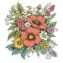 flower bouquet tied at bottom with daisy, morning glory, cosmos, waterlilly, holly, poppy, and rose tattoo design idea
